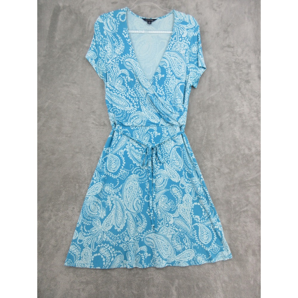 Lands End Dress Womens Size M Paisley Faux Wrap Tie Waist Stretch Comfort Blue